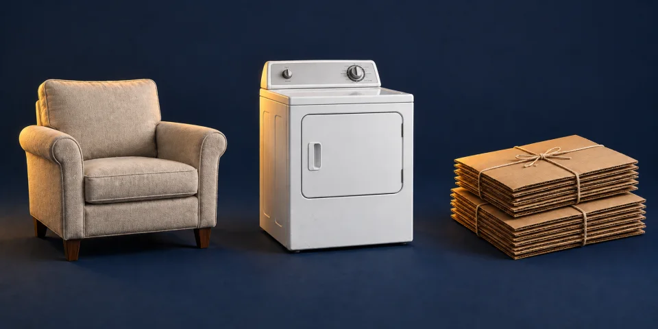Illustrated examples: one chair, a dryer, and flattened cardboard