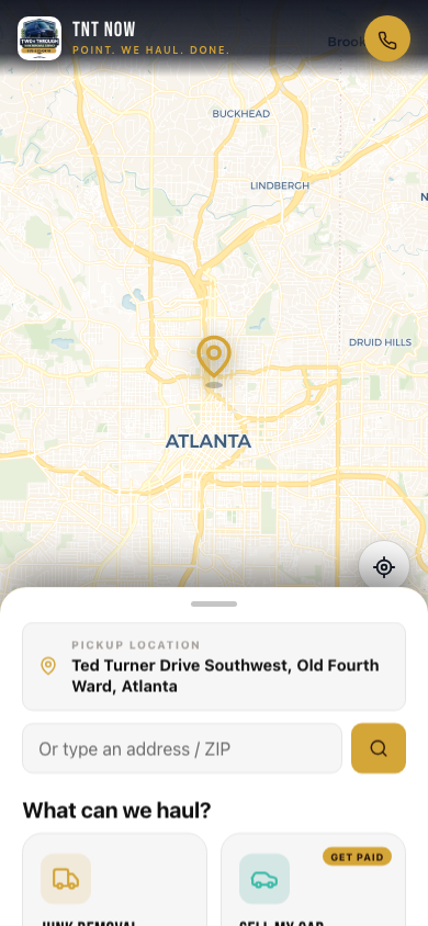 TNT Now app — drop a pin on the map and book junk removal in Atlanta